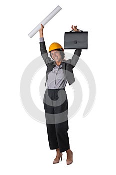 Architect in hardhat with arms raised