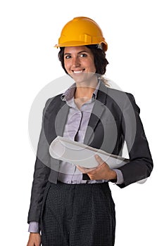 Architect in hardhat with blueprints