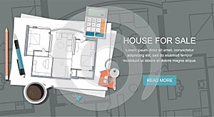 Architect house plan with tools. Key with symbol of house. Construction background.