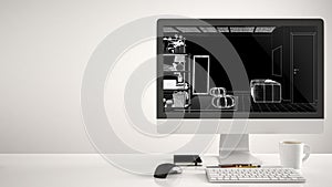 Architect house project concept, desktop computer on white background, work desk showing CAD sketch, modern living room with sofa