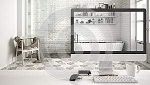 Architect house project concept, desktop computer on white work desk showing CAD sketch, classic bathroom interior design in the b