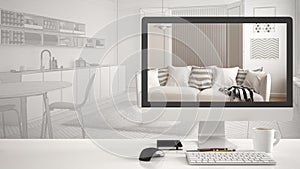 Architect house project concept, desktop computer on white work desk showing modern living room, CAD sketch interior design in the