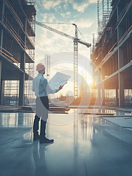 Architect inspecting and analyzing Construction Plan Design on development site