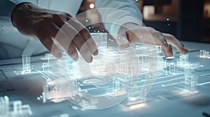 Architect interacting with futuristic 3d building model using augmented reality technology