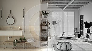 Architect interior designer concept: hand drawing a design interior project while the space becomes real, cosy bathroom, bathtub,