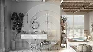 Architect interior designer concept: hand drawing a design interior project while the space becomes real, cosy bathroom, sink and