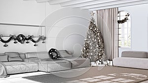 Architect interior designer concept: hand-drawn draft unfinished project that becomes real, Christmas tree and presents in modern