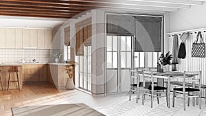 Architect interior designer concept: hand-drawn draft unfinished project that becomes real, farmhouse kitchen and dining room.