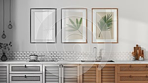 Architect interior designer concept: hand-drawn draft unfinished project that becomes real, kitchen, close up, front view.