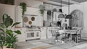 Architect interior designer concept: hand-drawn draft unfinished project that becomes real, kitchen and dining room with wooden