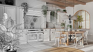 Architect interior designer concept: hand-drawn draft unfinished project that becomes real, kitchen and dining room with wooden