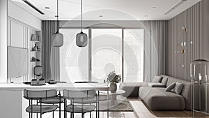 Architect interior designer concept: hand-drawn draft unfinished project that becomes real, living room with kitchen, sofa with