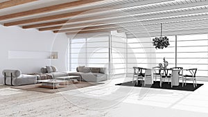 Architect interior designer concept: hand-drawn draft unfinished project that becomes real, minimal modern living and dining room