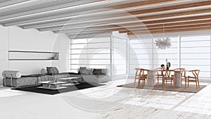 Architect interior designer concept: hand-drawn draft unfinished project that becomes real, minimal modern living and dining room