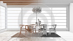 Architect interior designer concept: hand-drawn draft unfinished project that becomes real, minimal modern wooden dining room with