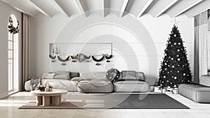 Architect interior designer concept: hand-drawn draft unfinished project that becomes real, modern living room. Christmas tree and
