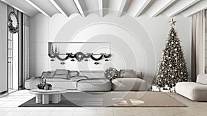 Architect interior designer concept: hand-drawn draft unfinished project that becomes real, modern living room. Christmas tree and