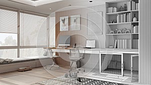 Architect interior designer concept: hand-drawn draft unfinished project that becomes real, pet friendly corner office, work from