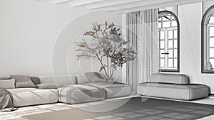 Architect interior designer concept: hand-drawn draft unfinished project that becomes real, scandinavian nordic living room.