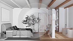 Architect interior designer concept: hand-drawn draft unfinished project that becomes real, scandinavian nordic wooden bedroom and