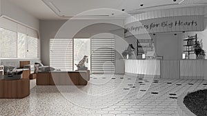 Architect interior designer concept: hand-drawn draft unfinished project that becomes real, veterinary clinic. Waiting room,