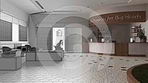 Architect interior designer concept: hand-drawn draft unfinished project that becomes real, veterinary clinic. Waiting room,