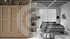 Architect interior designer concept: unfinished project that becomes real, cosy bedroom, bed, pillows and blankets, ceramic tiles