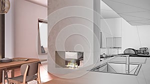 Architect interior designer concept: unfinished project that becomes real, cosy kitchen, sink and faucet, dining table, modern