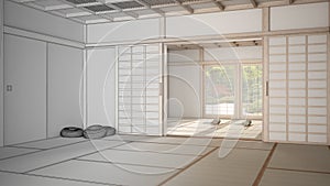 Architect interior designer concept: unfinished project that becomes real, empty yoga studio design, open space with mats, tatami