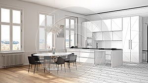 Architect interior designer concept: unfinished project that becomes real, kitchen in classic room, parquet, dining table, chairs