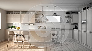 Architect interior designer concept: unfinished project that becomes real, kitchen with wooden details and parquet floor,