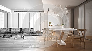 Architect interior designer concept: unfinished project that becomes real, minimalist living room with kitchen and dining table,