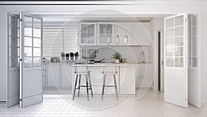 Architect interior designer concept: unfinished project that becomes real, modern scandinavian kitchen, cabinets, island and