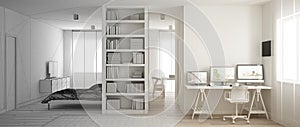 Architect interior designer concept: unfinished project that becomes real, one room flat with parquet, home workplace with desk in