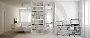 Architect interior designer concept: unfinished project that becomes real, one room flat with parquet, home workplace with desk in