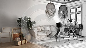 Architect interior designer concept: unfinished project that becomes real, vintage, old style living room, sofa, pillows and