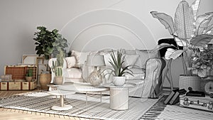 Architect interior designer concept: unfinished project that becomes real, vintage, old style living room, sofa and pillows, retro