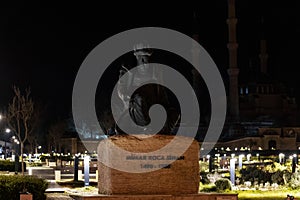 Architect Mimar Koca Sinan statue and Selimiye Mosque at night