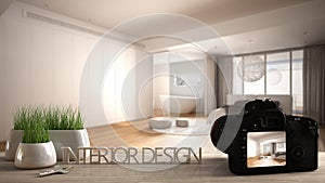 Architect photographer designer desktop concept, camera on wooden work desk with screen showing interior design project, blurred