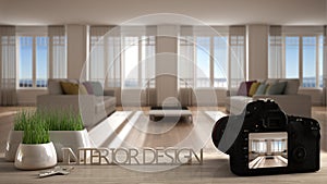 Architect photographer designer desktop concept, camera on wooden work desk with screen showing interior design project, blurred
