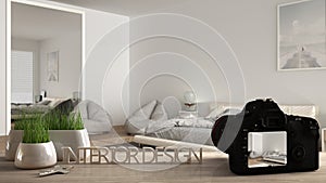 Architect photographer designer desktop concept, camera on wooden work desk with screen showing interior design project, blurred