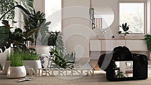 Architect photographer designer desktop concept, camera on wooden work desk with screen showing interior design project, modern