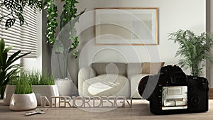 Architect photographer designer desktop concept, camera on wooden work desk with screen showing interior design project, modern