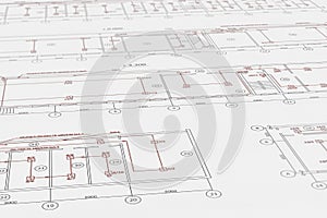 Architect plans, technical project drawing with fire alarm detectors