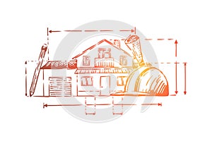 Architect profession attributes, cottage plan, hard hat, estate facade schematics, construction project photo