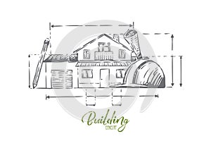 Architect profession attributes, cottage plan, hard hat, estate facade schematics, construction project photo