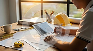 Architect reviewing building plans and using a tablet
