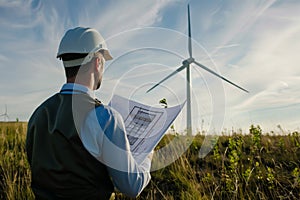 architect reviewing wind turbine blueprints onsite photo