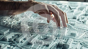 Architect's hand working on detailed map of futuristic city with advanced technology and urban planning. AI