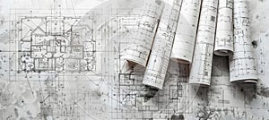 Architect s rolled blueprint with technical project drawing and detailed architectural plan